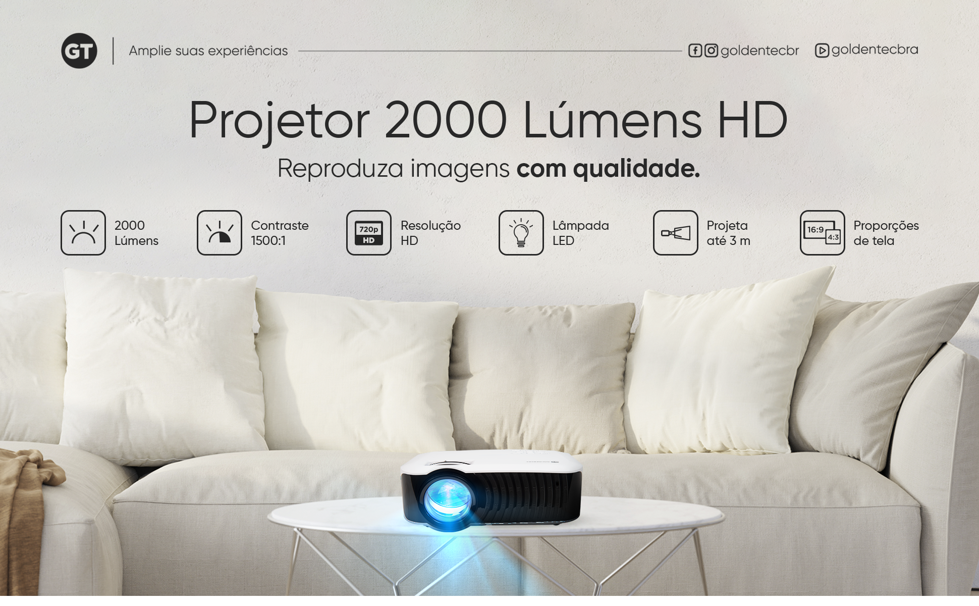 Projetor 2000 Lumens HD com HDMI, USB, AV, VGA e SD Card GT